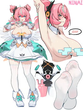 1girl arm_up armpits arms_behind_head arms_up blue_eyes breasts feet fingerless_gloves gloves highres looking_at_viewer ninai pink_hair skirt soles thighhighs twintails white_skirt white_thighhighs yutane_johiel zenless_zone_zero