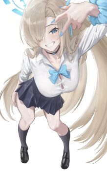 1girl absurdres asuna_(blue_archive) asuna_(school_uniform)_(blue_archive) black_shoes black_socks blonde_hair blue_archive blue_eyes blue_halo blue_skirt blush breasts button_gap choker cleavage collarbone grin hair_over_one_eye halo highres kageyama_izumi large_breasts long_hair looking_at_viewer pleated_skirt school_uniform scrunchie shirt shoes skirt sleeves_rolled_up smile socks solo thighs v very_long_hair white_shirt wrist_scrunchie