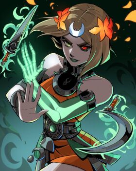 1girl ancient_greek_clothes asymmetrical_arms black_sclera bone caminukai colored_sclera crescent dress glowing_arm greco-roman_clothes green_eyes green_lips hades_(series) hades_2 holding holding_sickle laurel_crown melinoe_(hades) mismatched_sclera orange_dress red_eyes see-through_body short_hair sickle skeletal_arm smile solo weapon