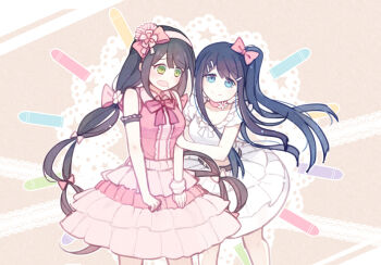 2girls alternate_costume bare_shoulders belt black_belt black_hair blue_eyes blue_hair blunt_bangs blunt_ends blush bow bowtie breasts brown_background bullet center_frills chabashira_tenko choker circle_skirt cleavage closed_mouth collarbone collared_shirt commentary_request cowboy_shot crop_top daisy_(flower) danganronpa:_trigger_happy_havoc danganronpa_(series) danganronpa_v3:_killing_harmony eyelashes flower flustered frilled_armlet frilled_shirt frilled_skirt frills frown green_eyes hair_bow hair_flower hair_ornament hairband hairclip hand_on_another's_arm hands_on_lap happy high_side_ponytail hiragi_rin idol lace_background leaning_forward light_particles long_hair long_sidelocks looking_at_self looking_at_viewer low_twintails maizono_sayaka medium_breasts midriff miniskirt mole mole_under_mouth multi-tied_hair multiple_girls multiple_hair_bows neck_flower open_mouth outline parallel_hairclips pink_bow pink_bowtie pink_choker pink_hairband pink_scrunchie pink_shirt pink_skirt raised_inner_eyebrows scrunchie shirt sidelocks skirt sleeveless sleeveless_shirt smile standing studded_belt twintails very_long_hair wavy_mouth white_bow white_bowtie white_flower white_outline white_shirt white_skirt wrist_scrunchie
