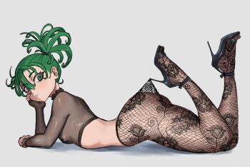 1girl alternate_costume alternate_hairstyle ass black_shoes breasts crop_top cross cross_pasties floral_print_pantyhose green_hair grey_background hair_between_eyes hair_tie hair_up head_rest high-waist_pantyhose high_heels highres hooked_on_heel lace_pantyhose lace_pantyhose_hooked_on_heel_(meme) long_sleeves looking_at_viewer lying meme midriff on_stomach one-punch_man pantyhose pasties sagaandersart see-through_clothes shoes short_hair simple_background small_breasts solo tatsumaki