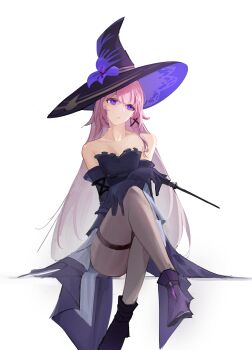 1girl absurdres black_dress black_gloves black_hat commentary crossed_legs dress elbow_gloves english_commentary flower gloves grey_pantyhose hat hat_flower head_tilt herta_(honkai:_star_rail) highres holding holding_wand honkai:_star_rail honkai_(series) long_hair pantyhose pink_hair purple_eyes purple_flower purple_shoes shoes simple_background sitting solo strapless strapless_dress the_herta_(honkai:_star_rail) thigh_strap very_long_hair wand white_background witch_hat yudachi_(yudachira27)