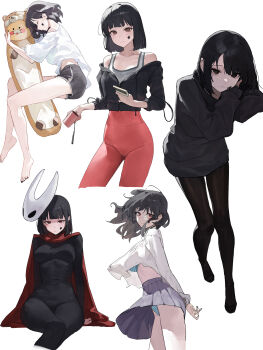 1girl absurdres black_bodysuit black_hair black_jacket black_pantyhose black_shorts black_sweater blue_bra blue_panties bodysuit bra brown_eyes cape closed_mouth cosplay dolphin_shorts facial_mark grey_skirt highres hollow_knight hornet_(hollow_knight) hornet_(hollow_knight)_(cosplay) jacket looking_at_viewer mac_star mask mask_on_head multiple_views original panties pants pantyhose pink_pants pleated_skirt red_cape shirt shorts simple_background skirt star_(symbol) star_facial_mark sweater underwear white_background white_mask white_shirt yoga_pants