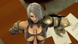 Rule 34 | 10s, 1boy, 1girl, 3d, against desk, animated, arm support, armor, bandai, bodysuit, bouncing, bouncing breasts, breasts, cleavage, covering one eye, covering privates, desk, detached sleeves, erection, eyeshadow, gauntlet, green eyes, hair over one eye, handsfree paizuri, hetero, indoors, isabella valentine, large breasts, looking at penis, looking at viewer, looking down, looping animation, makeup, namco, paizuri, paizuri under clothes, paper, penis, pov, purple bodysuit, purple lips, revealing clothes, rubbing, short hair, silver hair, single sleeve, snakeskin print, solo focus, soul calibur, soulcalibur, soulcalibur v, source filmmaker (medium), spaceghostsfm, table, uncensored, underboob, video