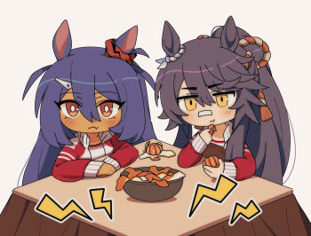 Rule 34 | 2girls, animal ears, bandaid, bandaid on face, bandaid on nose, black hair, blush, closed mouth, dark-skinned female, dark skin, deformed, ear ornament, ear scrunchie, eating, fang, food, fruit, gym shirt, hair between eyes, hair ornament, hairclip, highres, hishi amazon (umamusume), horse ears, horse girl, hwipa (param blue), jacket, kotatsu, lightning bolt symbol, long hair, long sleeves, mandarin orange, multiple girls, narita brian (umamusume), orange (fruit), orange peel, ponytail, red eyes, red jacket, red scrunchie, scrunchie, shirt, skin fang, striped clothes, striped scrunchie, table, tracen training uniform, track jacket, umamusume, under kotatsu, under table, very long hair, white shirt, yellow eyes