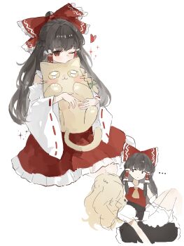 ... 2girls absurdres animal black_hair blonde_hair bloomers carrying carrying_person cat detached_sleeves hakurei_reimu heart highres holding holding_animal holding_cat kirisame_marisa long_hair multiple_girls one_eye_closed red_eyes red_shirt red_skirt shirt simple_background skirt touhou underwear upper_body white_background white_bloomers white_sleeves wide_sleeves yuuneka