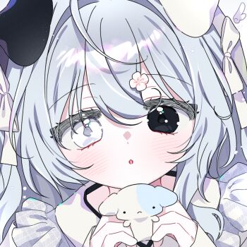 1girl :o animal_ears black_eyes blue_hair blush bow commentary dog_ears dog_girl double-parted_bangs flower grey_shirt hair_between_eyes hair_bow hair_flower hair_ornament hands_up heterochromia long_hair looking_at_viewer open_mouth original portrait shirt solo symbol-only_commentary white_bow white_eyes yalmyu