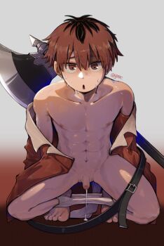 1boy absurdres axe barefoot cum cumdrip erection foreskin highres kneeling looking_at_viewer male_focus muscular muscular_male nude open_clothes open_mouth penis red_eyes red_hair shota simple_background solo solo_focus sweat sweatdrop testicles uncensored underwear_around_leg weapon weapon_on_back white_background yaoi yracyrac