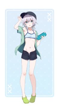 1girl arm_up baseball_cap bikini bikini_under_clothes black_hat black_shorts blue_background blue_eyes blush breasts collarbone crocs drawstring full_body green_jacket green_shoes grey_hair groin hair_between_eyes hair_ornament hand_on_headwear hand_up hat highres holding hood hood_down hooded_jacket jacket looking_at_viewer low_twintails nagami_yuu navel open_clothes open_fly open_jacket open_shorts original parted_lips shoes short_shorts short_sleeves short_twintails shorts small_breasts solo standing star_(symbol) star_hair_ornament striped_bikini striped_clothes swimsuit twintails