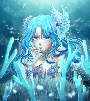 Rule 34 | 1girl, bare shoulders, beads, black dress, blue eyes, blue eyeshadow, blue flower, blue gloves, blue hair, blue lips, blue nails, bracelet, breasts, collarbone, colored inner hair, commentary, coral, cowboy shot, dress, english commentary, expressionless, eyelashes, eyeshadow, flower, gloves, gown, hair beads, hair ornament, hand on own chin, highres, jewelry, light blush, light particles, lipstick, long hair, long sidelocks, looking at object, low neckline, makeup, medium breasts, multicolored hair, nail polish, nikki (series), nonoberry22, nostrils, parted bangs, parted lips, school of fish, seaweed, see-through clothes, see-through gloves, shining nikki, sidelocks, solo, strapless, strapless dress, underwater, very long hair, wavy hair, whales toward sea (shining nikki)