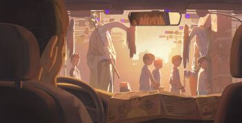 6+boys absurdres backlighting car_interior chain child covering_own_eyes cuffs formal_clothes glowing glowing_eyes hashtag-only_commentary highres horror_(theme) japanese_clothes kimono long_hair mayozom monster multiple_boys necktie newspaper original purple_eyes rear-view_mirror shackles shirt short_hair short_sleeves steering_wheel suit sunset traffic_light white_shirt