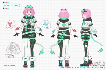 Rule 34 | 1girl, :d, asymmetrical legwear, black boots, black gloves, black pantyhose, black shorts, boots, commentary request, cropped jacket, fur-trimmed boots, fur-trimmed gloves, fur trim, gloves, goggles, goggles on head, grey background, grid background, hood, hood down, hooded jacket, ittokyu, jacket, mismatched legwear, multiple views, ootori emu, open mouth, pantyhose, pantyhose under shorts, pink hair, power symbol, project sekai, puffy shorts, purple eyes, short hair, short shorts, shorts, smile, trembling, watermark, white jacket, white pantyhose