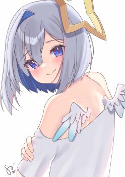 Rule 34 | 1girl, alternate costume, amane kanata, angel, angel wings, blue hair, closed mouth, grey hair, hair intakes, halo, highres, hololive, looking at viewer, looking back, mini wings, multicolored hair, pink streaks, purple eyes, shirt, solo, star halo, streaked hair, virtual youtuber, watashishi, white background, white shirt, wings