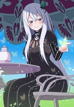 1girl black_dress blush bug butterfly butterfly_hair_ornament chair closed_mouth colored_eyelashes commentary_request dress echidna_(re:zero) glowing_butterfly green_butterfly hair_between_eyes hair_ornament highres insect kaedemarine long_hair looking_at_viewer re:zero_kara_hajimeru_isekai_seikatsu sitting smile striped_clothes striped_dress table tea teapot vertical-striped_clothes vertical-striped_dress white_eyelashes white_hair