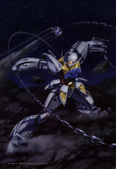 Rule 34 | 1990s (style), absurdres, artist request, battle, chain, debris, desert, dust cloud, glowing, glowing eyes, gundam, gundam perfect file, highres, lens flare, magazine scan, mecha, mecha focus, mobile suit, night, no humans, retro artstyle, robot, rock, scan, science fiction, star (sky), traditional media, turn a gundam, turn a gundam (mobile suit), v-fin, weapon, yellow eyes