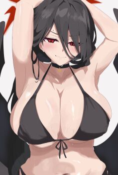 1girl absurdres armpits arms_up bare_arms bikini black_bikini black_choker black_hair black_wings blue_archive blush breasts choker collarbone commentary ekazawa_sdvx front-tie_bikini_top front-tie_top hair_between_eyes halo halterneck hasumi_(blue_archive) highres huge_breasts long_hair long_hair_between_eyes looking_at_viewer navel official_alternate_costume presenting_armpit smile solo string_bikini sweat swimsuit upper_body very_long_hair wings
