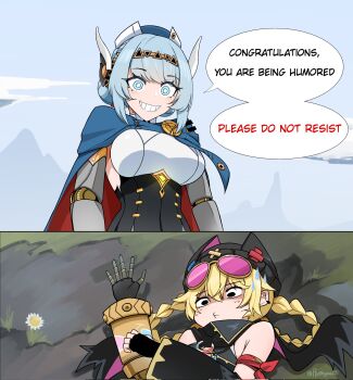 2girls android animal_ear_headwear animal_ears armband beanie black_eyes blonde_hair blue_cape blue_eyes blue_hair braid braided_hair_rings bright_pupils cape closed_mouth commentary day detached_sleeves english_commentary eyewear_on_head fake_animal_ears fingerless_gloves genshin_impact gloves grin hair_between_eyes hair_rings hat highres ineffa_(genshin_impact) jahoda_(genshin_impact) joints long_hair lying mechanical_arms multiple_girls nervous_sweating on_back on_ground outdoors pink-tinted_eyewear prosthesis prosthetic_arm robot robot_ears robot_girl robot_joints rumi_(rumigawa31) shaded_face single_glove single_mechanical_arm smile sweat sweatdrop tinted_eyewear upper_body wide-eyed