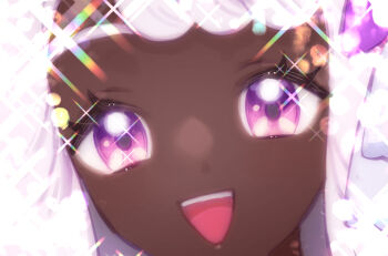 1girl close-up dark-skinned_female dark_skin diffraction_spikes jacinthe_(pokemon) long_hair looking_at_viewer nintendo open_mouth pokemon pokemon_legends:_z-a portrait purple_eyes purple_hair smile solo sparkle teeth umiu_geso upper_teeth_only very_dark_skin
