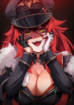 Rule 34 | 1girl, absurdres, black gloves, black hat, black jacket, blood, blood on face, breasts, cleavage, fur-trimmed jacket, fur trim, gloves, hat, highres, indie virtual youtuber, jacket, large breasts, looking at viewer, matheuus arts, military hat, military jacket, military uniform, open mouth, red eyes, sharp teeth, solo, teeth, virtual youtuber, white gloves, yandere, yellow eyes, zentreya, zentreya (commander)