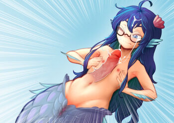 Rule 34 | 1boy, 1girl, absurdres, blue eyes, blue hair, cum, cum on body, drawfag, emphasis lines, erection, facial, fins, fuuko (kazeoceantide), glasses, groin, hair ornament, head fins, hetero, highres, mermaid, monster girl, multicolored hair, naizuri, navel, nipples, one eye closed, original, paizuri, round eyewear, shell, shell hair ornament, simple background, two-tone hair