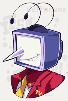 1boy absurdres ant_tenna antennae commentary copyright_name deltarune english_commentary grin highres jacket long_nose male_focus necktie no_eyes object_head pointy_nose red_jacket shirt simple_background smile solo television utdr_(toby_fox) white_shirt woofzilla yellow_necktie