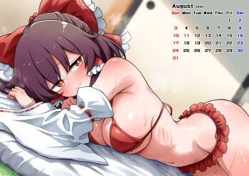 1girl :| alternate_breast_size_(larger) alternate_costume bikini blush bow breasts bright_pupils brown_hair calendar_(medium) closed_mouth detached_sleeves frilled_bikini frilled_bow frilled_hair_tubes frills hair_bow hair_tubes hakurei_reimu highres indoors large_breasts looking_at_viewer lying navel on_side orange_bikini red_bow ribs scavia10 signature solo stomach sweat swimsuit touhou white_pupils