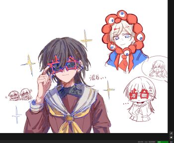 Rule 34 | ..., 4girls, :d, ^ ^, adjusting eyewear, ahua (hua27193564), arms behind back, art program in frame, blue jacket, ceras yanagida lilienfeld, closed eyes, closed mouth, commentary, expo2025, facing viewer, jacket, multiple girls, multiple views, murano sayaka, myaku-myaku, necktie, novelty glasses, open clothes, open jacket, open mouth, red-framed eyewear, red necktie, simple background, smile, sparkle, spoken character, sunglasses, white background, yrxy settingsun