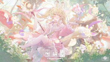 1girl animal_ears blonde_hair bloomers book bow dress forest frilled_sleeves frills hair_ornament highres holding holding_wand long_hair long_sleeves magic nature open_book open_mouth original pink_bow rabbit smile solo staff star_(symbol) tail teeth thighhighs tree twintails umehara_sei underwear upper_teeth_only wand watermark white_bloomers white_thighhighs yellow_eyes