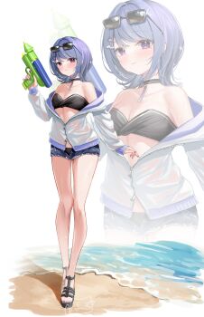 1girl absurdres arm_up bare_shoulders beach bikini bikini_bottom_under_shorts bikini_under_clothes bkini black_bikini black_shoes blue_hair blue_shorts blush breasts center_opening choker cutoffs denim denim_shorts eyewear_on_head flip-flops full_body hair_ornament hairclip highres holding holding_water_gun horo_27 jacket jewelry koshimizu_toru long_sleeves looking_at_viewer micro_shorts mole mole_under_eye necklace nijisanji open_clothes open_shorts purple_eyes sand sandals see-through_clothes shoes short_hair shorts simple_background smile solo strapless strapless_bikini sunglasses swimsuit swimsuit_cover-up torn_clothes torn_shorts virtual_youtuber water_gun white_jacket zipper zoom_layer