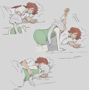 0321smith 2girls arrow_(symbol) closed_eyes commentary_request cuddling green_shorts green_tank_top grey_background gundam gundam_suisei_no_majo highres long_hair miorine_rembran multiple_girls on_bed open_mouth pillow ponytail red_hair shirt shorts simple_background suletta_mercury tank_top thick_eyebrows under_covers white_shirt yuri