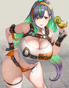>:) 1girl arm_strap bare_shoulders bikini bikini_bottom_only black_gloves black_hair blush breasts chest_harness cleavage cleavage_cutout closed_mouth clothing_cutout cocktail_glass colored_inner_hair colored_tips commentary_request contrapposto crack cracked_floor crop_top cup curvy drinking_glass eyelashes fingerless_gloves gloves green_eyes green_streaks hairband halter_shirt halterneck hand_on_own_hip harness holding holding_cup huge_breasts leaning_forward long_hair looking_at_viewer midriff multicolored_hair navel nishii_(damnedrive) orange_bikini orange_hairband original parted_bangs plump red_eyes revealing_clothes skindentation solo streaked_hair swimsuit thick_thighs thigh_strap thighs two-tone_hair v-shaped_eyebrows very_long_hair