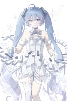 1girl absurdres ahoge aqua_eyes aqua_hair asymmetrical_legwear ballerina bare_shoulders blush breasts chest_tattoo collarbone detached_sleeves dress gloves gramophone_miku gramophone_miku_(frostflower) hair_between_eyes hair_ornament hatsune_miku highres medium_breasts miku_symphony_(vocaloid) number_tattoo official_alternate_costume official_alternate_hairstyle open_mouth short_sleeves single_thighhigh smile strapless strapless_dress tattoo thigh_strap thighhighs tutu twintails vocaloid white_gloves white_thighhighs wo_de_huihua_bu
