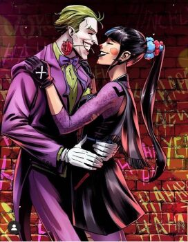 1boy 1girl batman_(series) black_hair black_skirt bow brick_wall brittanyredinger closed_eyes couple dc_comics ear_piercing flower formal_clothes graffiti green_hair hair_bow hand_on_another's_waist makeup multicolored_hair noses_touching piercing punchline_(dc) purple_suit red_flower red_rose rose skirt smile suit the_joker torn_clothes two-tone_hair