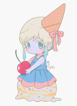 Rule 34 | 1girl, artist name, ayu (mog), bare arms, bare shoulders, blue dress, blue hair, blush, cherry, chibi, chibi only, closed mouth, commentary, dress, english commentary, food, fruit, full body, gradient hair, green eyes, green hair, holding, holding food, holding fruit, ice cream, ice cream cone, looking at viewer, mixed-language commentary, multicolored hair, original, romaji commentary, short hair, sidelocks, simple background, sleeveless, sleeveless dress, solo, white background