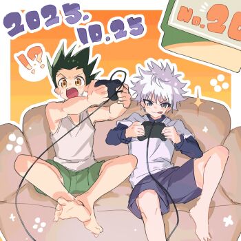 !? 2boys beer611gold blue_eyes brown_eyes controller couch dated full_body game_controller gon_freecss green_hair green_shorts highres holding holding_controller holding_game_controller hunter_x_hunter killua_zoldyck layered_sleeves long_sleeves male_focus multiple_boys numbered on_couch open_mouth playing_games shirt short_hair short_over_long_sleeves short_sleeves shorts sitting sparkle spiked_hair tank_top tongue tongue_out white_hair white_shirt white_tank_top