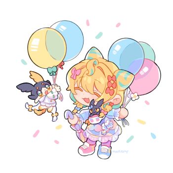 Rule 34 | 1girl, :3, :d, asymmetrical footwear, ball hands, balloon, blonde hair, blue shoes, braid, chibi, chibi only, closed eyes, commentary, cone hair bun, dot nose, double bun, dress, full body, hair bun, highres, holding, holding balloon, holding umbrella, long hair, long sleeves, lucie (millie parfait), millie parfait, mismatched footwear, mootecky, nijisanji, nijisanji en, open mouth, pink shoes, pink thighhighs, purple dress, shoes, signature, simple background, smile, sneakers, standing, symbol-only commentary, thighhighs, umbrella, virtual youtuber, white background