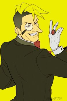 1boy ace_attorney artist_name black_hair blonde_hair bow cleft_chin formal_clothes gloves grin hands_up highres jacket jewelry karina_mata luke_atmey magnifying_glass male_focus monocle pointy_nose red_bow ring smile standing suit upper_body white_gloves yellow_background