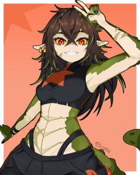 1girl absurdres black_pants black_shirt brown_hair closed_mouth commentary crocodile_girl crocodilian_tail english_commentary green_streaks highres indie_virtual_youtuber kairyu_crocodile loafviee long_hair looking_at_viewer pants pointy_ears red_eyes shirt sleeveless sleeveless_shirt smile solo tail v virtual_youtuber