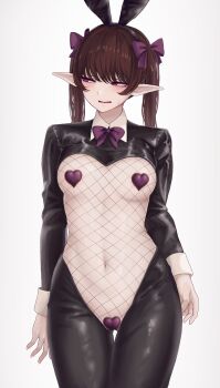 1girl absurdres alternate_costume animal_ears averting_eyes bow breasts brown_hair cowboy_shot crotchless crotchless_pantyhose embarrassed fake_animal_ears fishnets hair_bow heart_maebari heart_pasties highres himekaidou_hatate long_sleeves maebari medium_breasts pantyhose pasties pointy_ears purple_bow purple_eyes rabbit_ears reverse_bunnysuit reverse_outfit shrug_(clothing) simple_background solo son_(c100011) touhou twintails white_background