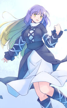 1girl :d black_boots black_dress blonde_hair boots breasts commentary_request dress feet_out_of_frame gradient_hair hand_up hijiri_byakuren knees large_breasts light_blush long_hair long_sleeves multicolored_hair open_mouth purple_hair rangycrow smile solo touhou white_background white_dress yellow_eyes