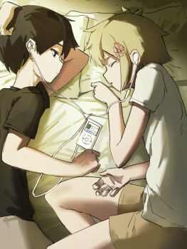 2boys aged_down alternate_costume antenna_hair basil_(faraway)_(omori) basil_(omori) black_eyes black_hair black_shirt blonde_hair bright_pupils brown_shorts closed_eyes closed_mouth earphones flower hair_flower hair_ornament highres looking_at_another lying male_focus mp3_player multiple_boys omore47858045 omori on_side shared_earphones shirt short_hair short_sleeves shorts sidelocks sunny_(omori) t-shirt tearing_up white_pupils white_shirt yaoi
