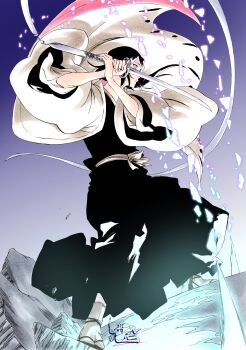 1girl absurdres black_hair black_hakama black_kimono bleach bleach:_epilogue cryokinesis fighting_stance floating_clothes floating_hair gradient_background hakama haori highres holding holding_sword holding_weapon ice japanese_clothes ken&#039;ichi_(ken1ro_u) kimono kuchiki_rukia long_hair obi purple_eyes ribbon rubble sandals sash shihakusho socks sode_no_shirayuki_(shikai) solo sword tabi taichou_haori waraji weapon white_sash white_socks wide_sleeves zanpakutou