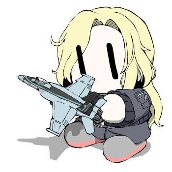 1girl aircraft airplane belt black_jacket blonde_hair blue_skirt bomber_jacket chibi f-18_hornet fighter_jet holding hornet_(kancolle) jacket kantai_collection long_hair long_sleeves military military_vehicle model pantyhose pencil_skirt skirt solid_eyes solo task_(s_task80)
