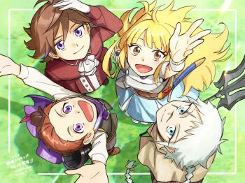 Rule 34 | 1girl, 3boys, anniversary, armor, black vest, blonde hair, blue dress, braid, brown hair, commentary request, dress, green eyes, hands up, highres, looking at viewer, looking up, mikoto (tanken driland), multiple boys, on grass, purple eyes, rakikoko, red shirt, shirt, sowrd, tanken driland, vest