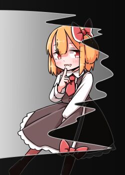 1girl black_skirt black_vest blonde_hair blush bow bow_skirt collared_shirt commentary_request darkness finger_to_mouth frilled_skirt frills grin hair_bow highres long_sleeves looking_at_viewer necktie pantyhose red_bow red_eyes red_necktie red_pantyhose roco_(katsuya1011) rumia shirt shushing skirt skirt_set smile solo textless_version touhou umbrakinesis vest white_shirt