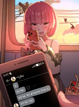 absurdres ballimurphy blush bocchi_the_rock! bomb_devil_(chainsaw_man) chainsaw_man denji_(chainsaw_man) drinking_straw english_text highres hiroi_kikuri ijichi_nijika long_hair looking_at_phone phone power_lines red_hair sharp_teeth sitting subway teeth