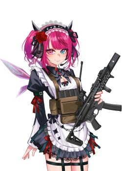 1girl absurdres apron black_dress black_headdress blue_eyes blunt_bangs brooch chrispy_tuna closed_mouth commentary crinoline crystal_wings dress english_commentary frilled_apron frills gun heterochromia highres holding holding_gun holding_weapon hololive hololive_english horns irys_(hololive) irys_(maid)_(hololive) jewelry juliet_sleeves lace-trimmed_collar lace-trimmed_headdress lace_trim long_sleeves looking_at_viewer magazine_(weapon) maid maid_apron official_alternate_costume official_alternate_hairstyle pointy_ears puffy_sleeves purple_eyes purple_hair red_hair short_hair sig_mpx simple_background smile solo standing submachine_gun thigh_strap twintails utility_vest vest virtual_youtuber weapon white_background wings