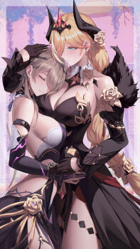 2girls absurdres alternate_breast_size_(larger) bare_shoulders black_dress black_gloves black_horns black_tiara blonde_hair blue_eyes breasts brown_hair chinese_commentary cleavage closed_eyes closed_mouth commentary_request detached_sleeves dress durandal_(honkai_impact) durandal_(nibelungen_traumlied)_(honkai_impact) fingernails gloves hair_over_one_eye highres honkai_(series) honkai_impact_3rd horns large_breasts long_hair long_sleeves looking_at_another mole mole_under_eye multiple_girls nail_polish pink_nails purple_dress rita_rossweisse rita_rossweisse_(miss_espionage) ruo_zhishi_chu_jian short_hair smile tiara yuri