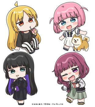 4girls :d ahoge animal black_bow black_dress black_hair black_jacket black_shirt black_shoes blonde_hair blue_eyes blush_stickers bocchi_the_rock! bow braid brown_sandals cellphone chibi dog dress drinking_straw ear_piercing face_piercing geta gotoh_futari green_dress green_eyes grey_sailor_collar hair_bow hair_over_shoulder hiroi_kikuri holding holding_phone ijichi_seika jacket jimihen juice_carton letterman_jacket lip_piercing long_hair long_sleeves mochimiko multicolored_hair multiple_girls official_art open_clothes open_jacket open_mouth pa-san pants parted_bangs phone piercing pink_hair purple_eyes purple_hair red_eyes sailor_collar sailor_dress sandals shirt shoes short_sleeves simple_background single_braid sleeves_past_fingers sleeves_past_wrists smile striped_clothes striped_pants two-tone_hair two_side_up vertical-striped_clothes vertical-striped_pants very_long_hair white_background white_dress