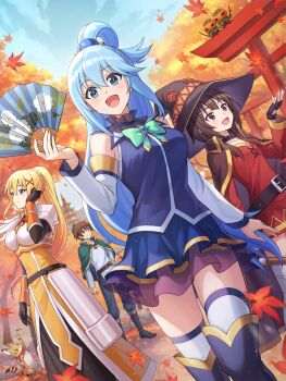 1boy 3girls aqua_(konosuba) belt black_gloves black_pants blonde_hair blue_eyes blue_hair blue_shirt blue_skirt blue_sky boobplate boots breastplate brown_belt brown_cape brown_hair brown_hat cape capelet closed_mouth darkness_(konosuba) detached_sleeves dress falling_leaves fingerless_gloves gloves green_capelet green_eyes hand_fan hat holding holding_fan kono_subarashii_sekai_ni_shukufuku_wo! leaf long_hair long_sleeves maple_leaf megumin miniskirt multiple_girls official_art open_mouth pants pelvic_curtain ragnador red_dress red_eyes satou_kazuma shirt short_dress skirt sky sleeveless sleeveless_shirt smile thighhighs torii white_shirt white_sleeves white_thighhighs witch_hat
